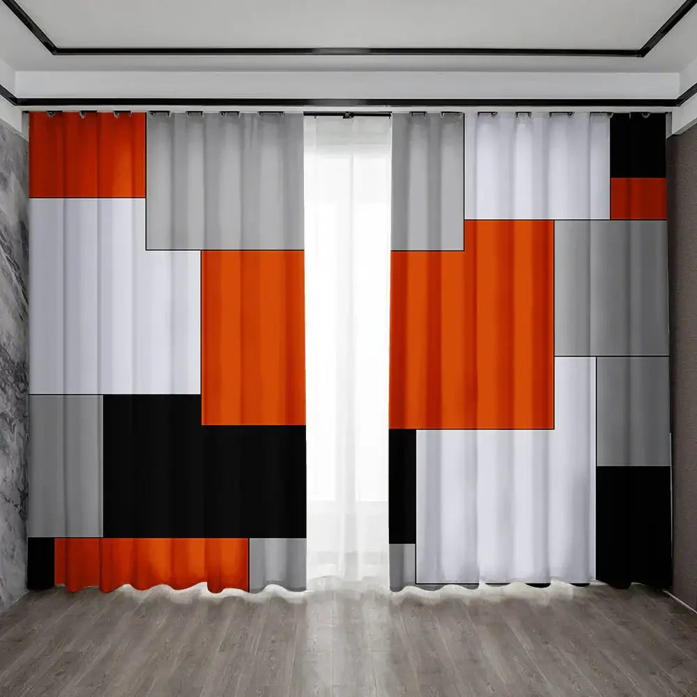 Modern orange and white geometric grid printed curtain set bedroom