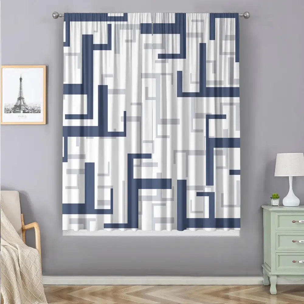 Modern orange and white geometric grid printed curtain set bedroom
