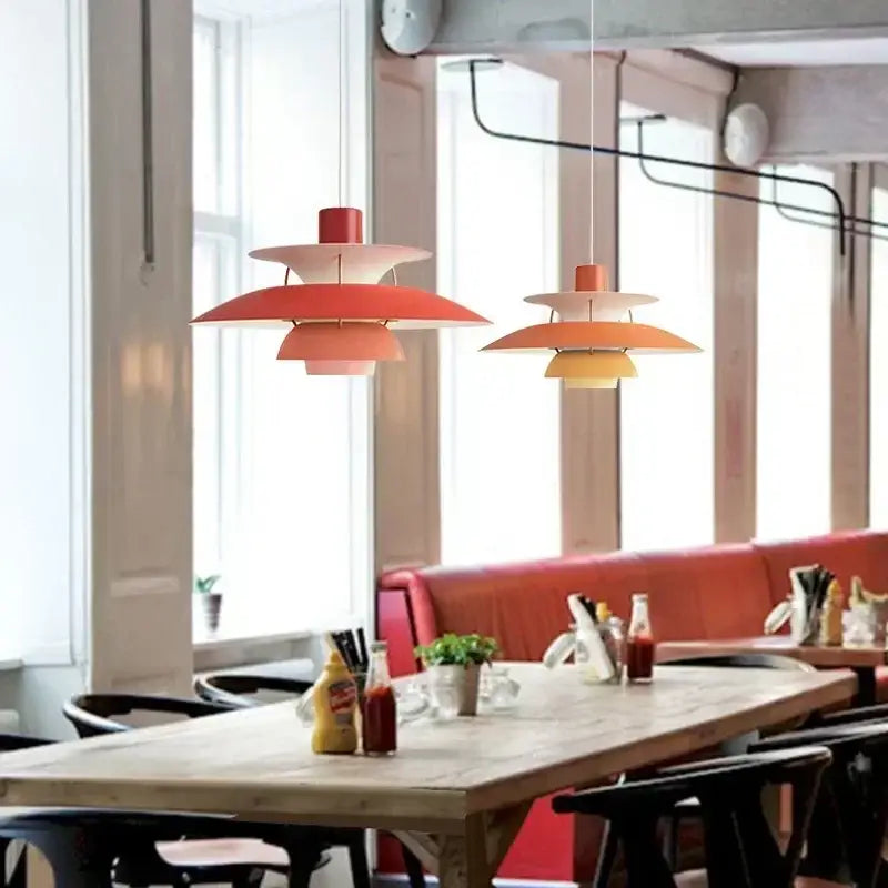 Modern orange & white tiered umbrella pendant light for kitchen