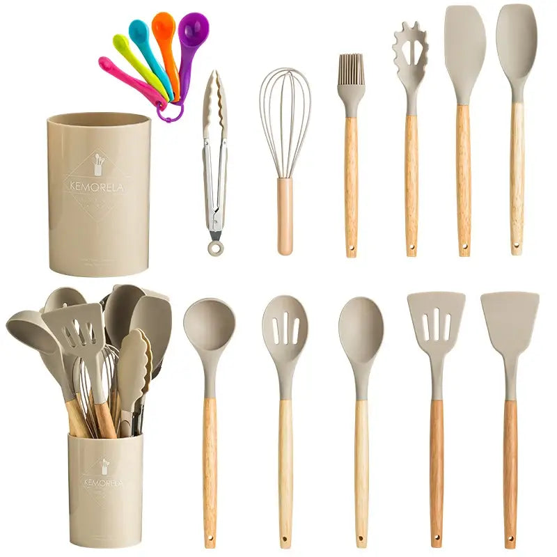 Modern pastel silicone kitchen utensil set with storage box