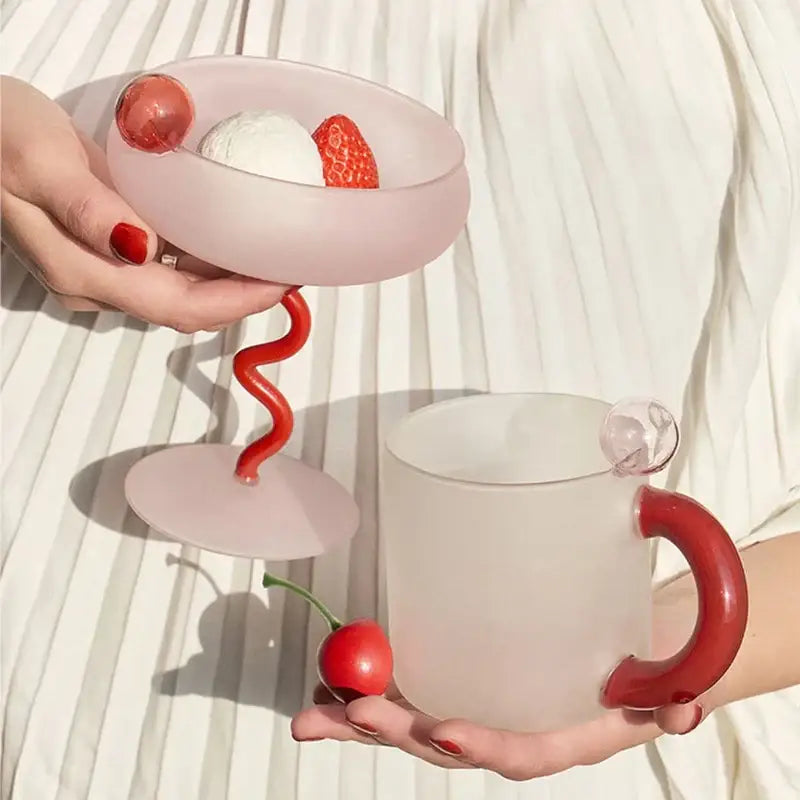 Modern pink & red glass mug set dining room dessert bowl