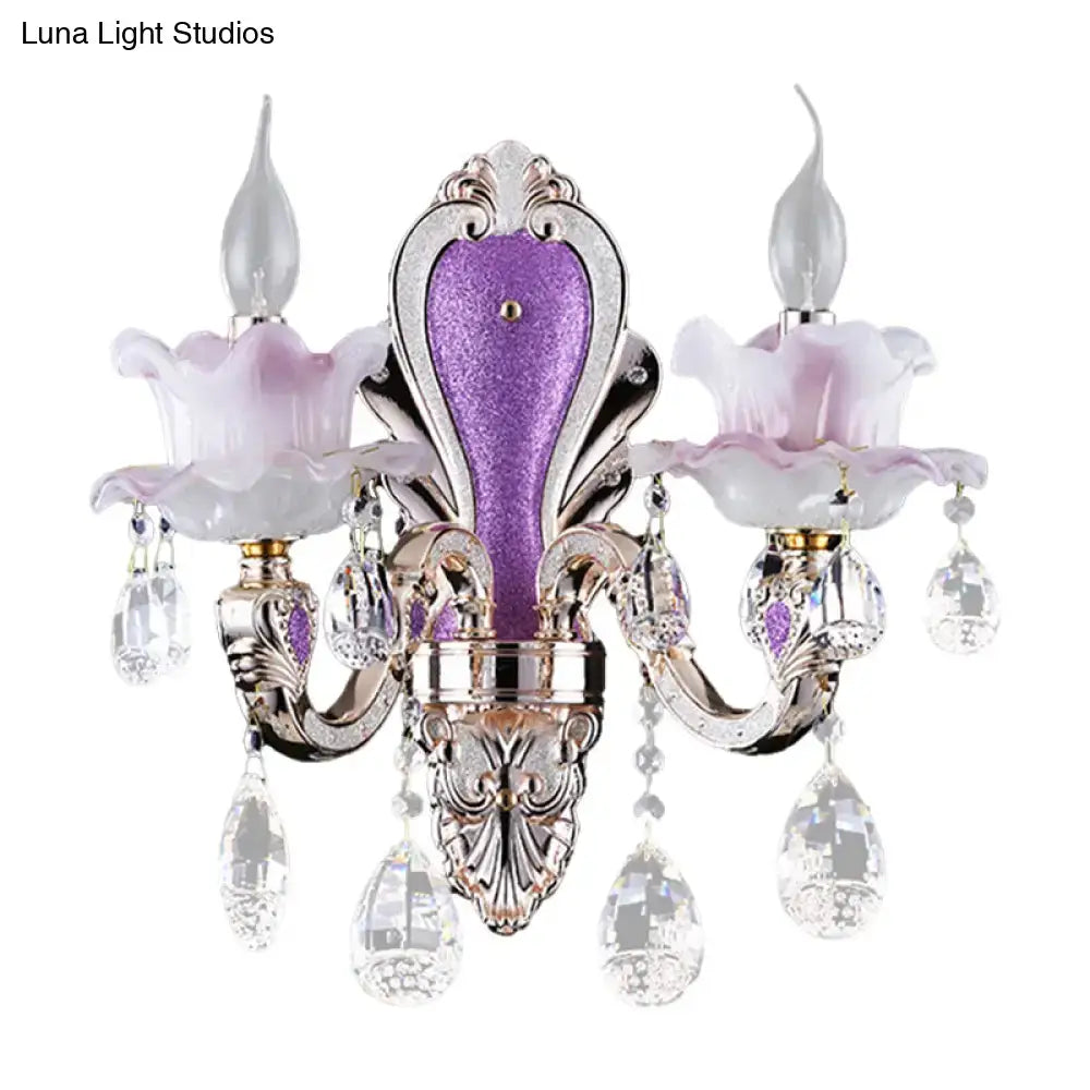 Modern purple & silver crystal wall sconce – bedroom floral light