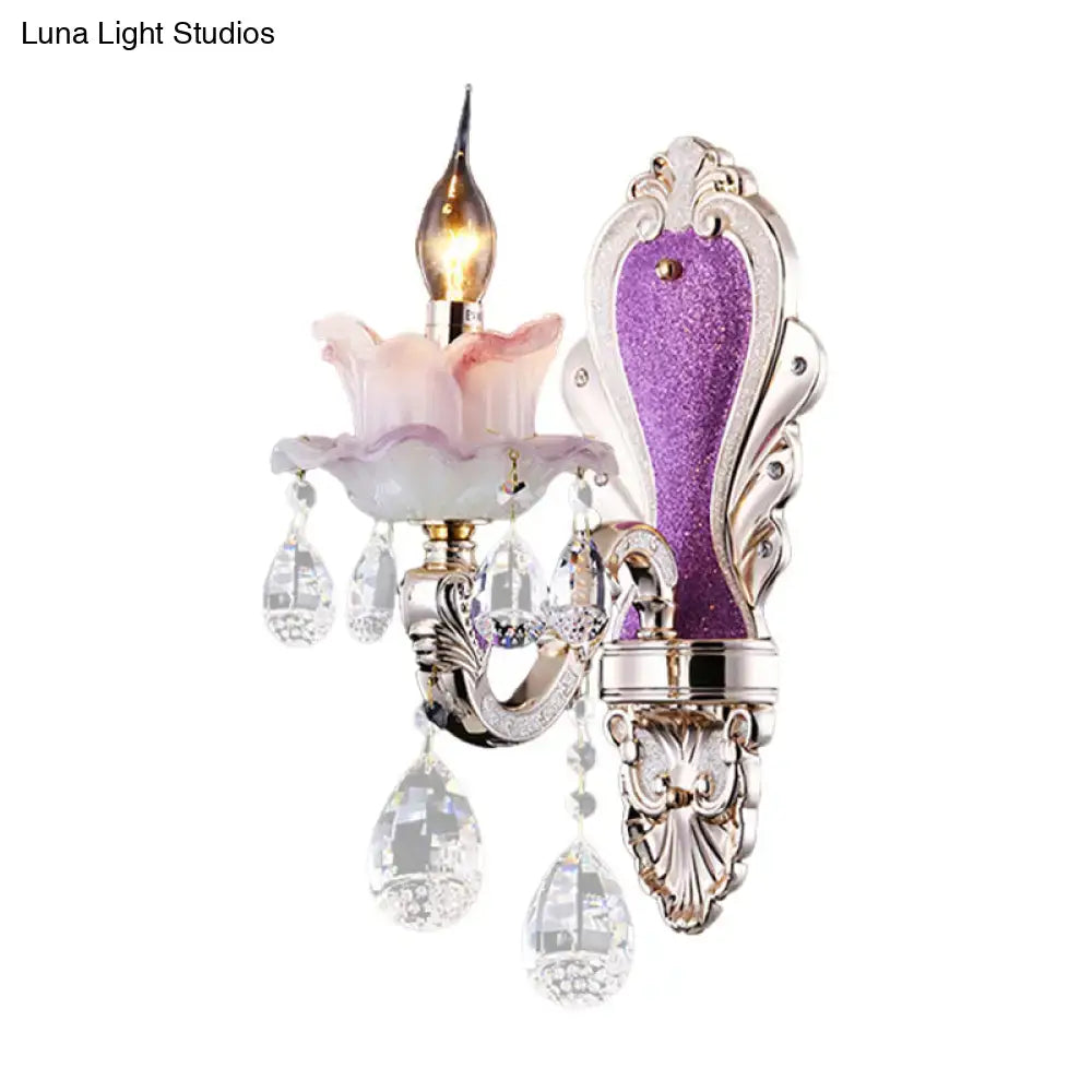 Modern purple & silver crystal wall sconce – bedroom floral light