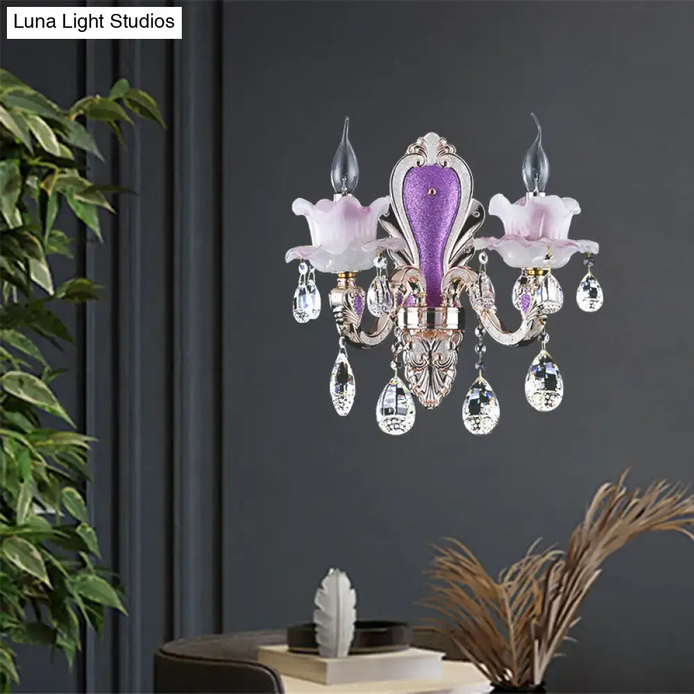Modern purple & silver crystal wall sconce – bedroom floral light