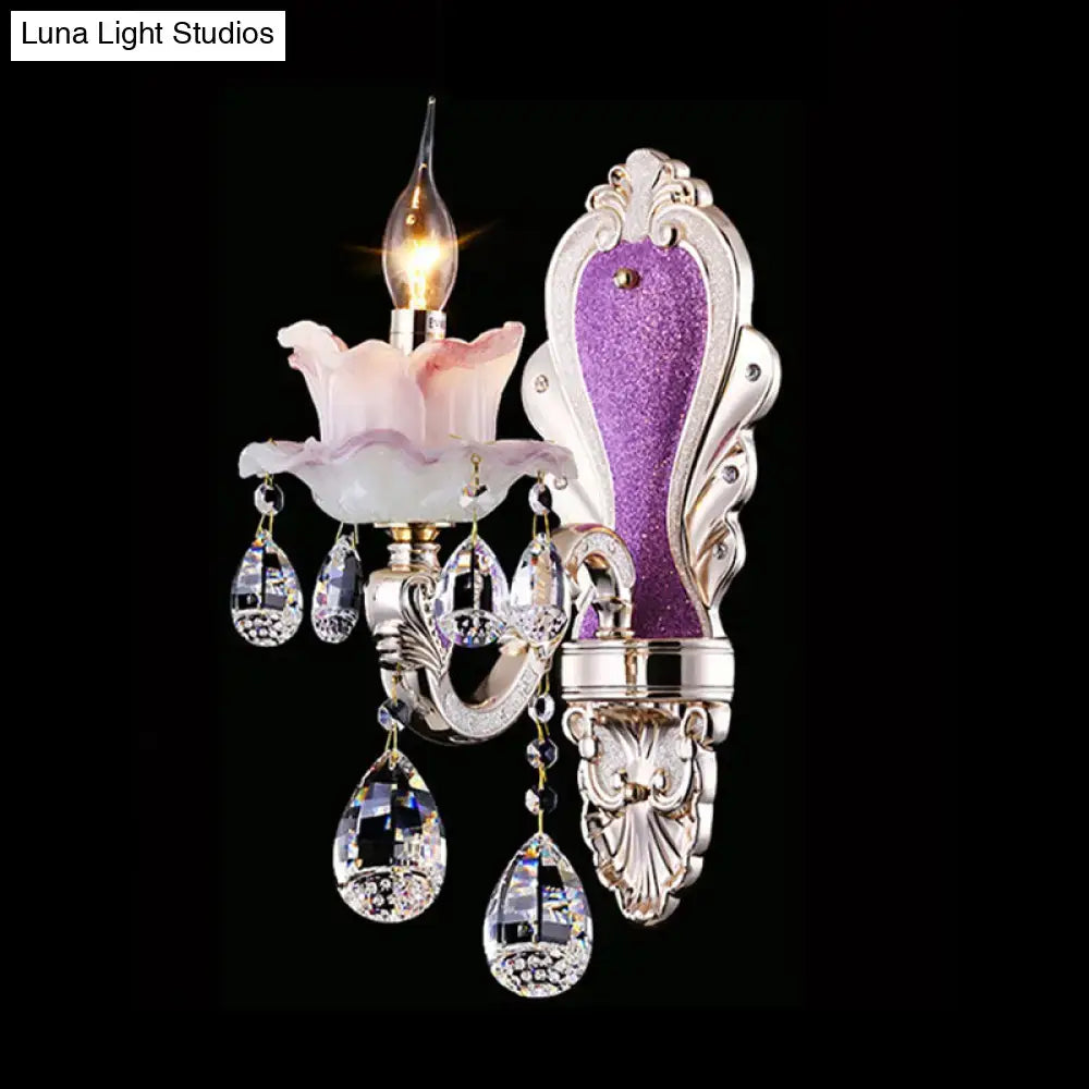 Modern purple & silver crystal wall sconce – bedroom floral light