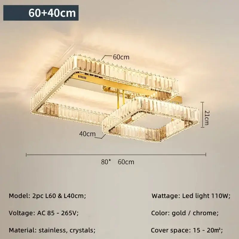 Modern rectangular gold crystal dimmable ceiling light living room