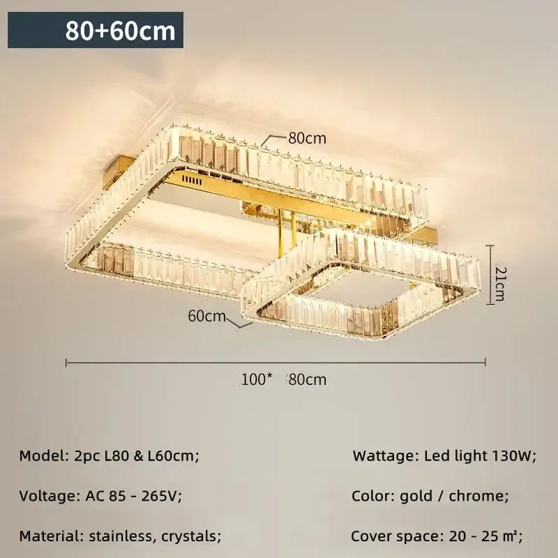 Modern rectangular gold crystal dimmable ceiling light living room