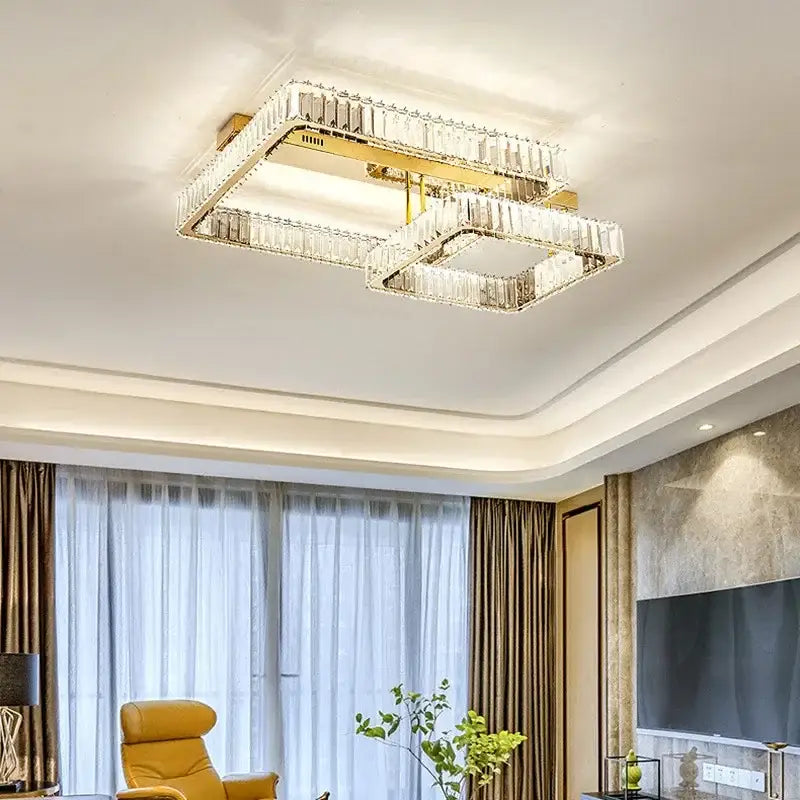 Modern rectangular gold crystal dimmable ceiling light living room
