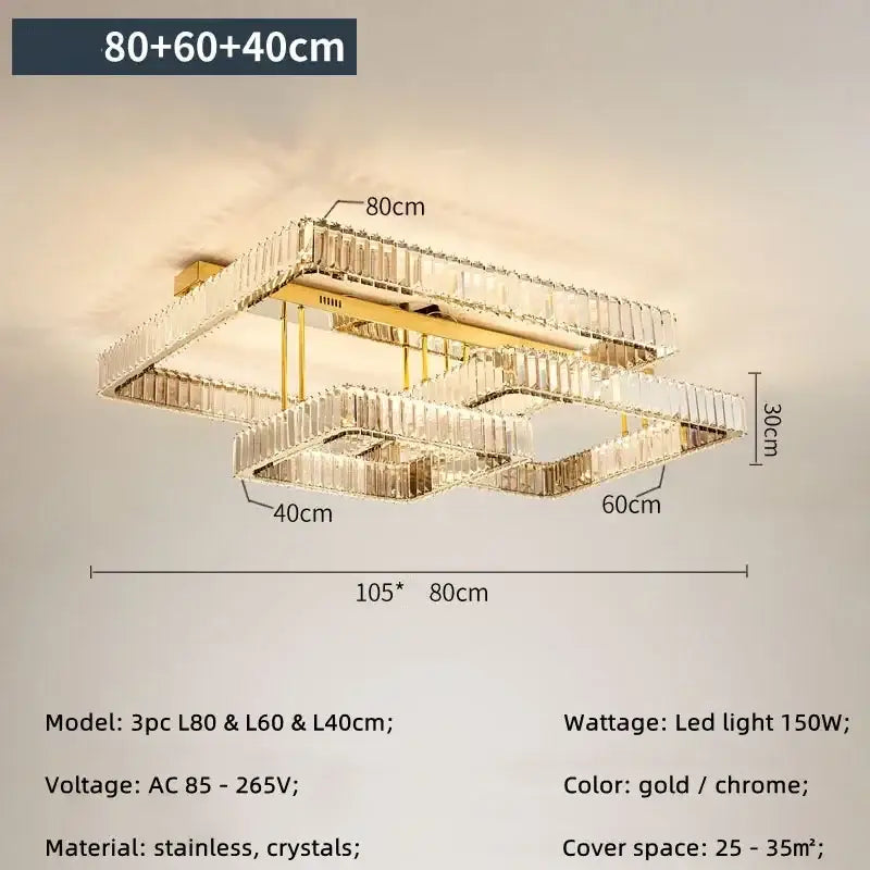 Modern rectangular gold crystal dimmable ceiling light living room