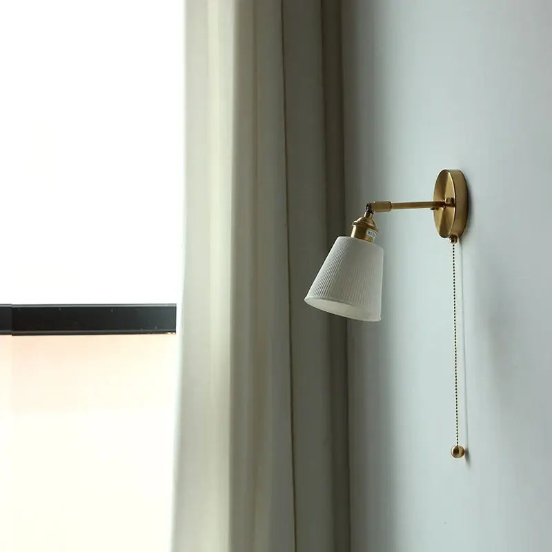 Modern ribbed ceramic led wall lights with brass arm bedroom sconce