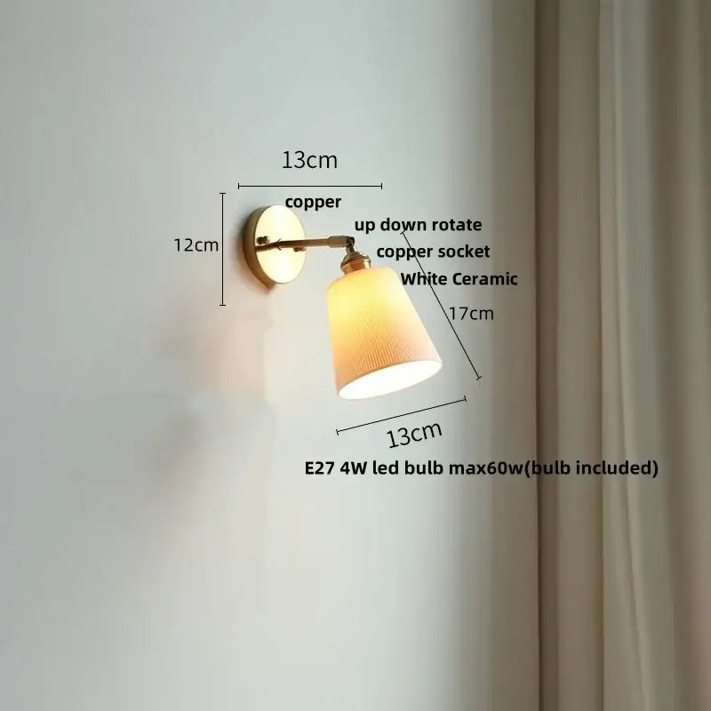 Modern ribbed ceramic led wall lights with brass arm bedroom sconce