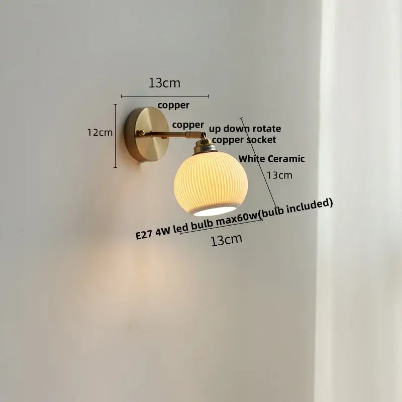 Modern ribbed ceramic led wall lights with brass arm bedroom sconce