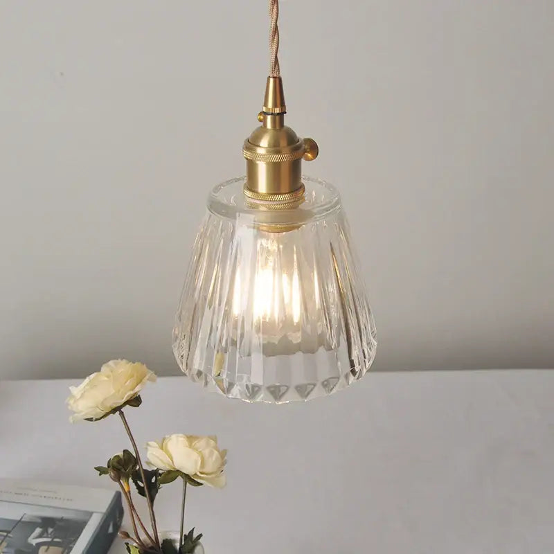 Modern ribbed clear glass led pendant light kitchen brass fixture