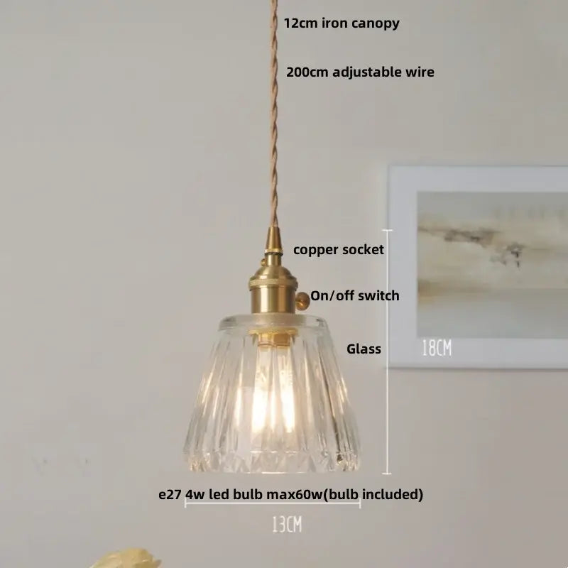 Modern ribbed clear glass led pendant light kitchen brass fixture