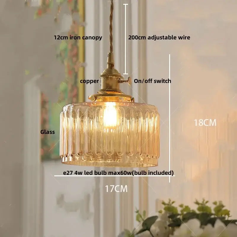 Modern ribbed clear glass led pendant light kitchen brass fixture