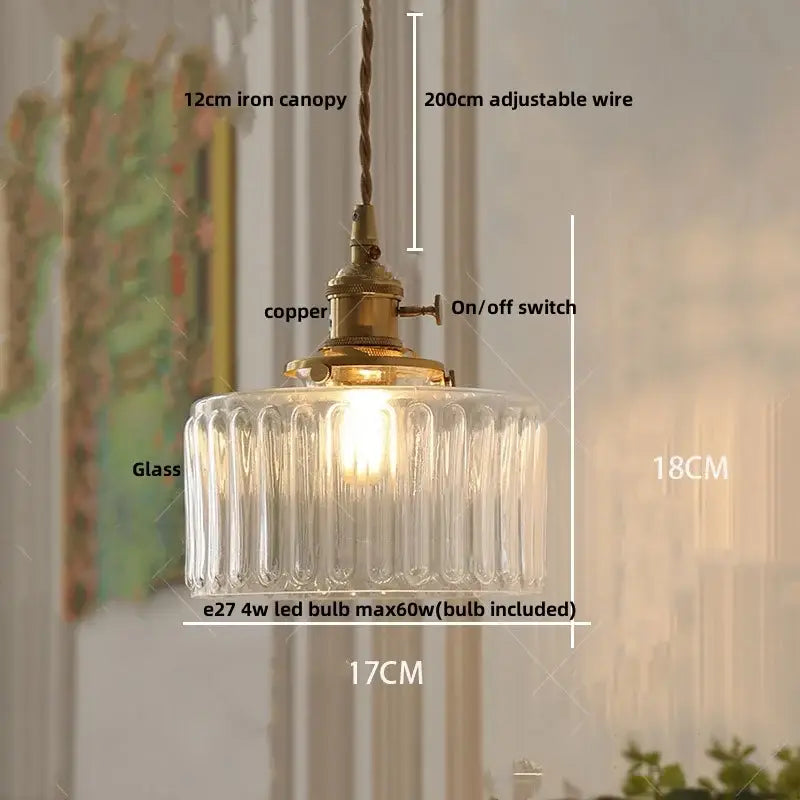 Modern ribbed clear glass led pendant light kitchen brass fixture