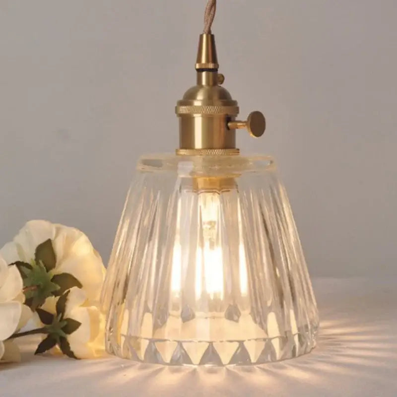 Modern ribbed clear glass led pendant light kitchen brass fixture