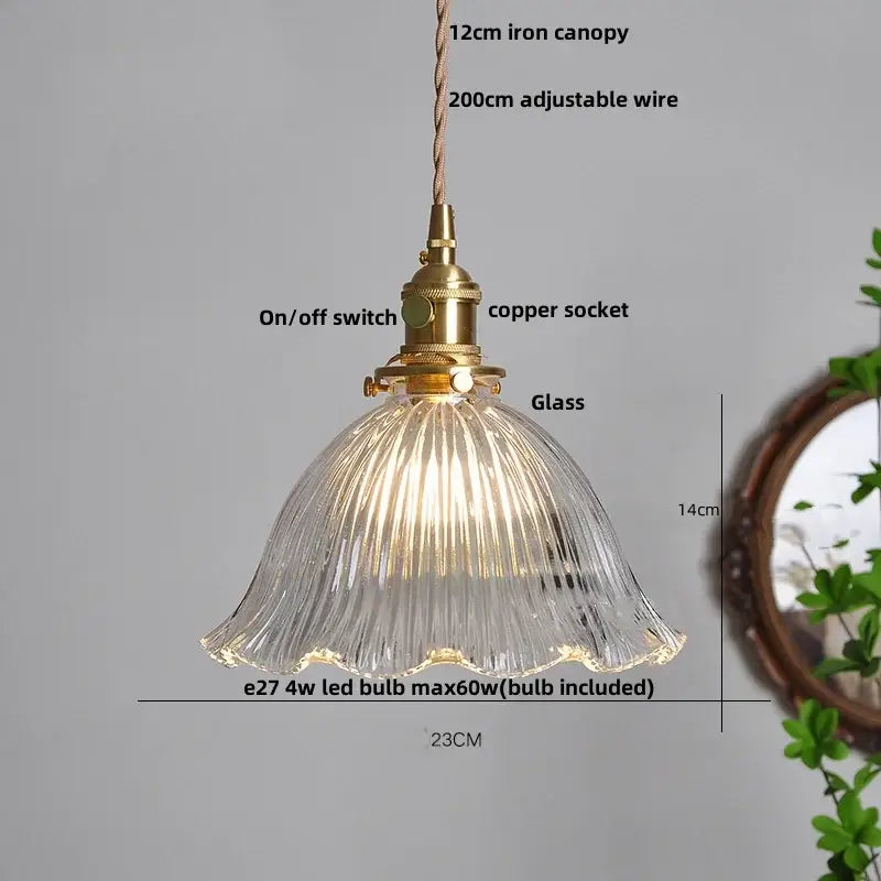 Modern ribbed clear glass pendant light kitchen brass fixture