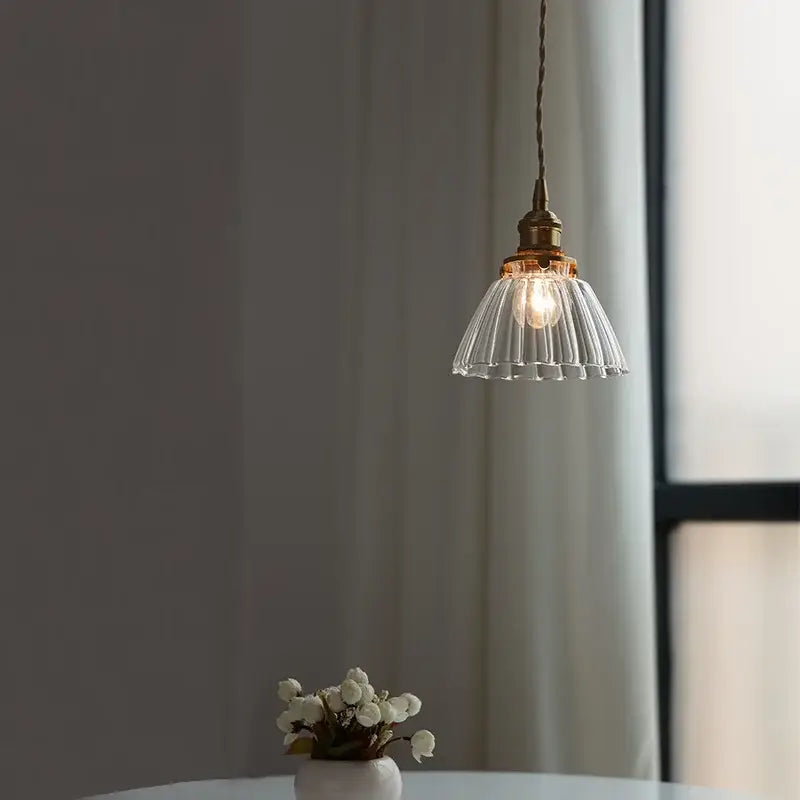 Modern ribbed clear glass pendant light kitchen brass fixture