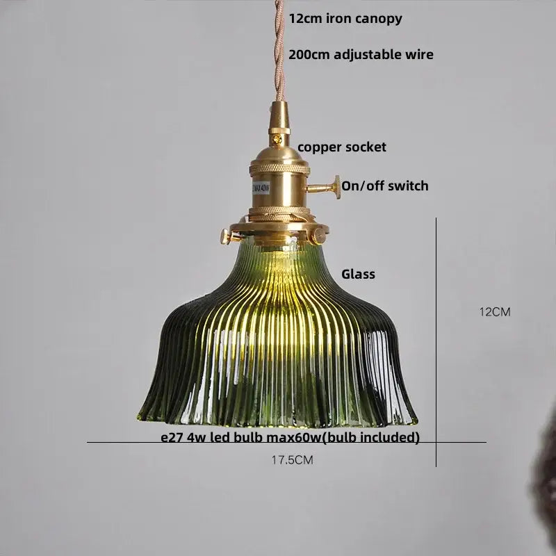 Modern ribbed clear glass pendant light kitchen brass fixture