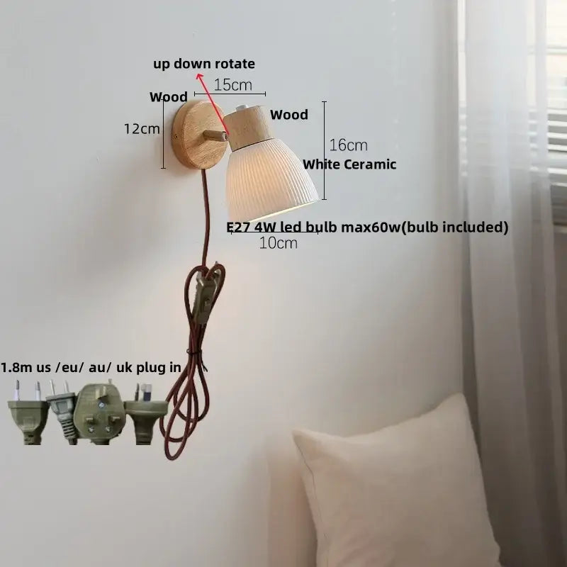 Modern ribbed glass ceramic led wall lights bedroom wood base lamp