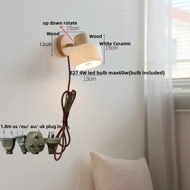 Modern ribbed glass ceramic led wall lights bedroom wood base lamp