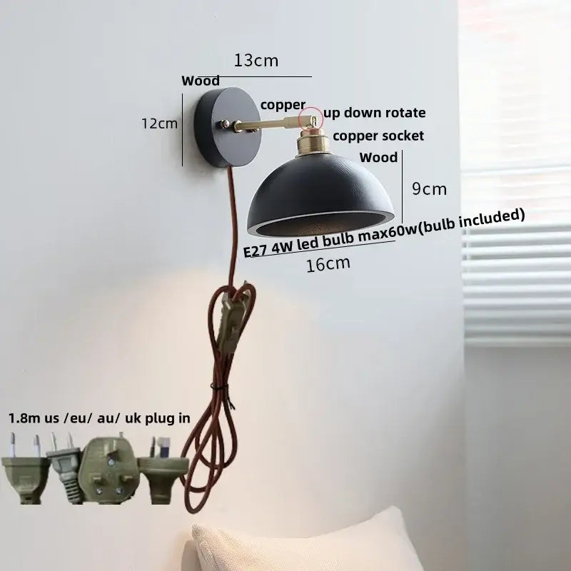 Modern ribbed glass copper led wall lamp bedroom with pull chain