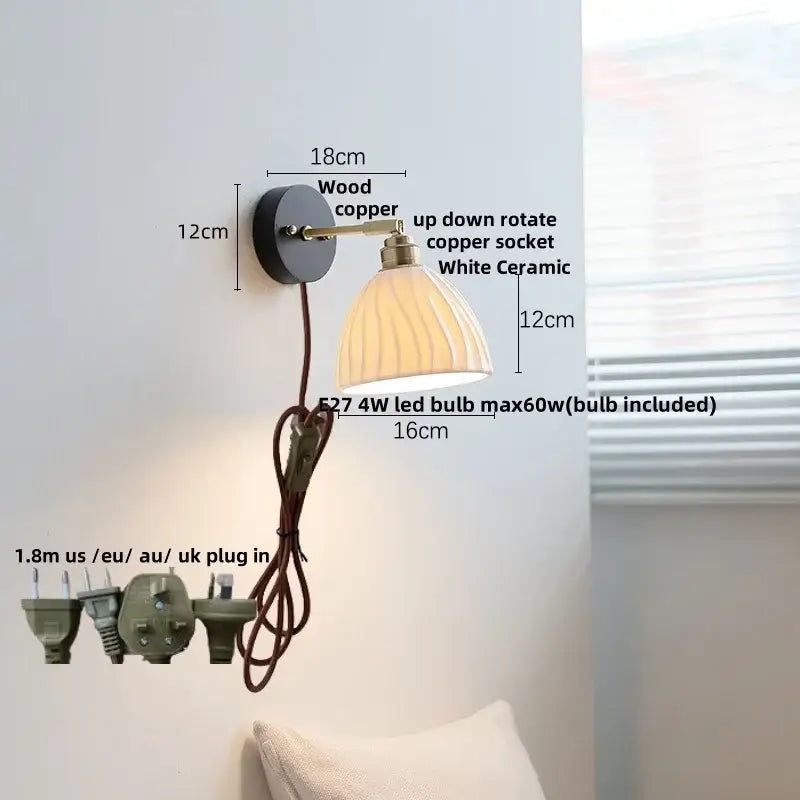 Modern ribbed glass copper led wall lamp bedroom with pull chain
