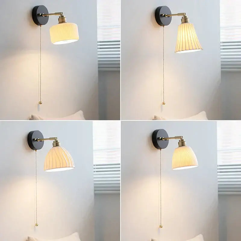 Modern ribbed glass copper led wall lamp bedroom with pull chain