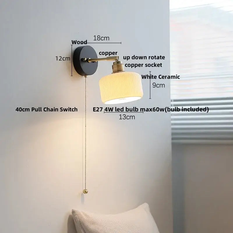 Modern ribbed glass copper led wall lamp bedroom with pull chain