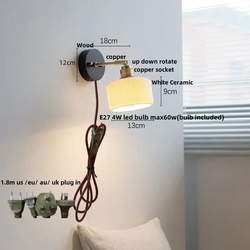 Modern ribbed glass copper led wall lamp bedroom with pull chain