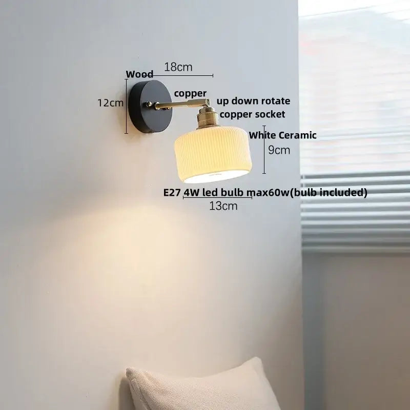 Modern ribbed glass copper led wall lamp bedroom with pull chain