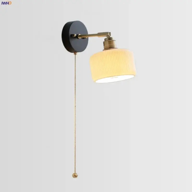 Modern ribbed glass copper led wall lamp bedroom with pull chain
