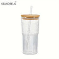 Modern ribbed glass cup with lid and straw kitchen drinking glass