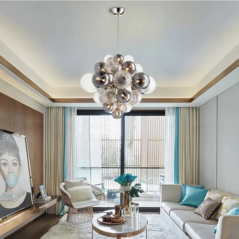 Modern ribbed glass globe led pendant light for living room