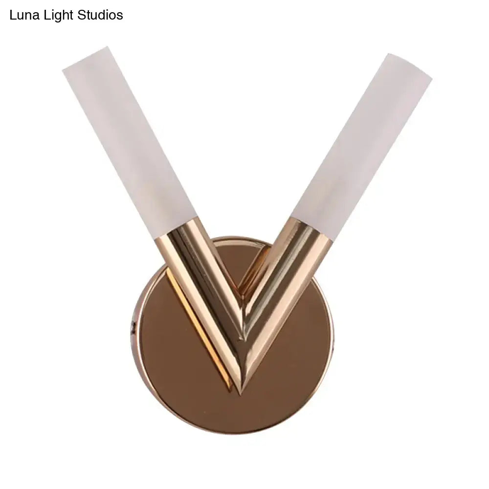 Modern rose gold v-shaped bedroom sconce with white glass shade