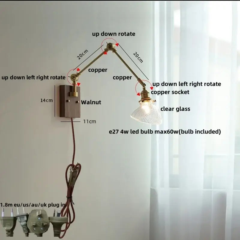 Modern rotatable brass wall light fixture with textured glass stair lamp