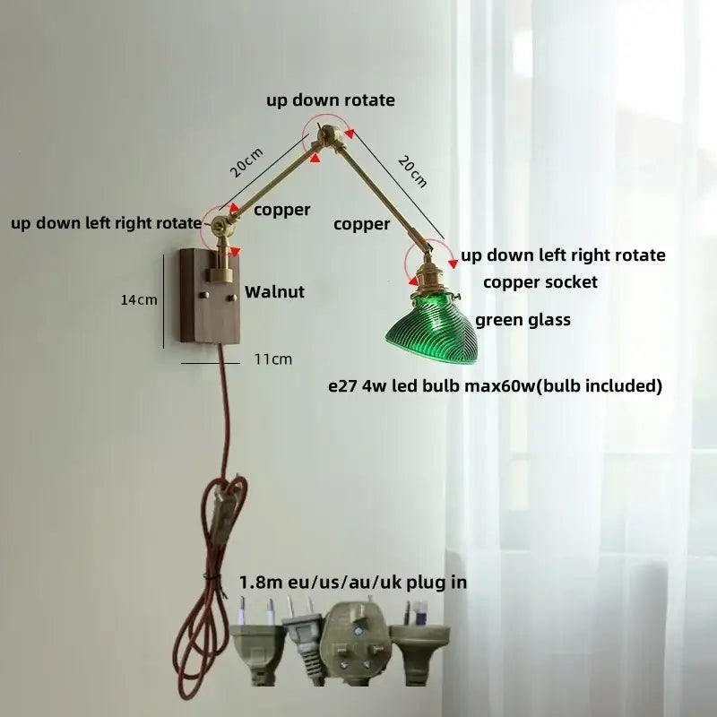 Modern rotatable brass wall light fixture with textured glass stair lamp