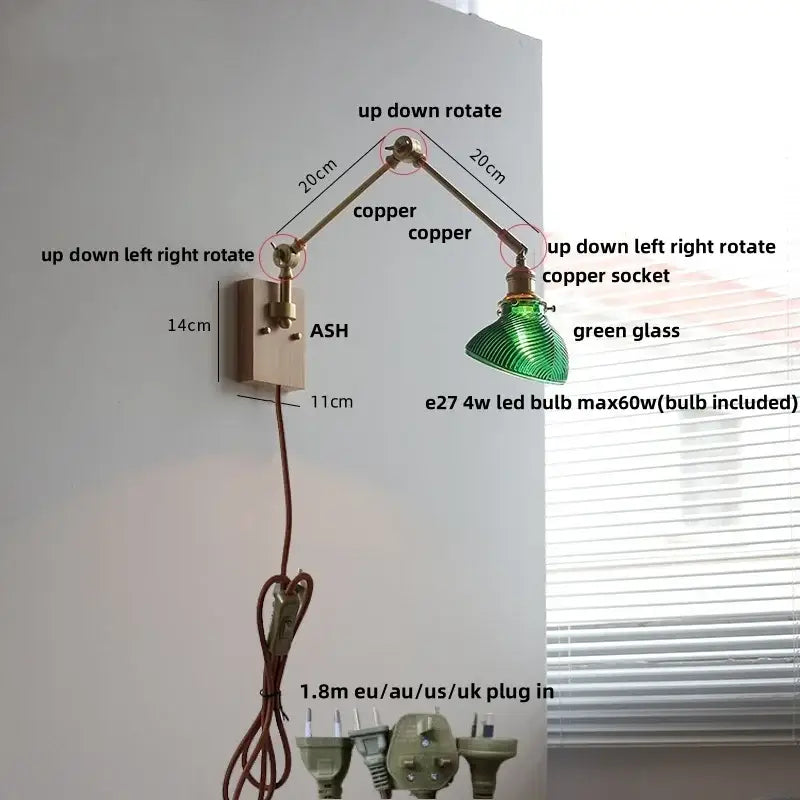 Modern rotatable brass wall light fixture with textured glass stair lamp