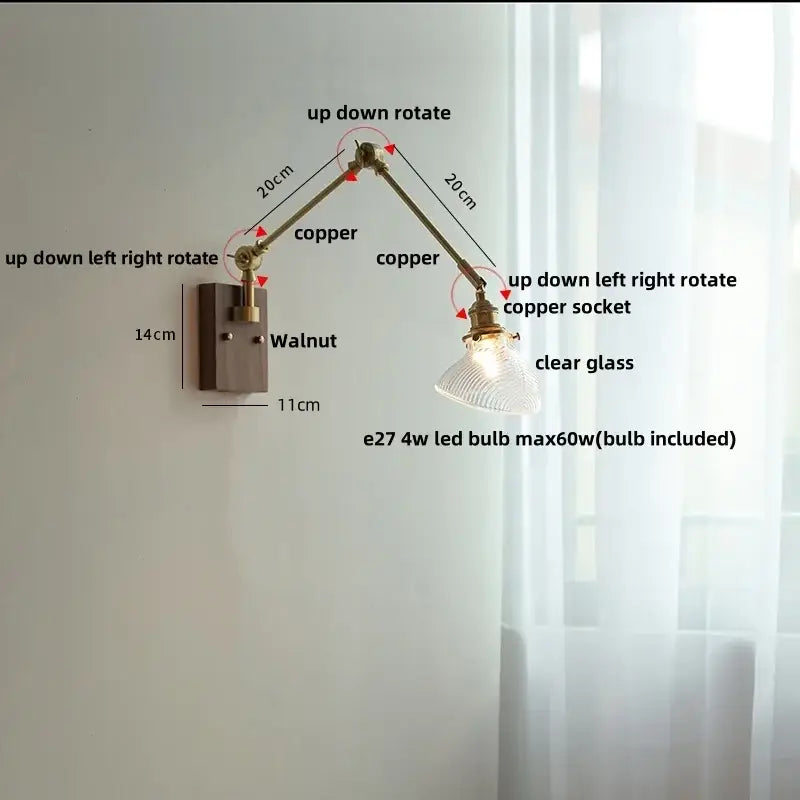 Modern rotatable brass wall light fixture with textured glass stair lamp