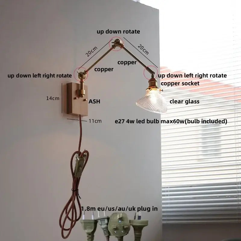 Modern rotatable brass wall light fixture with textured glass stair lamp