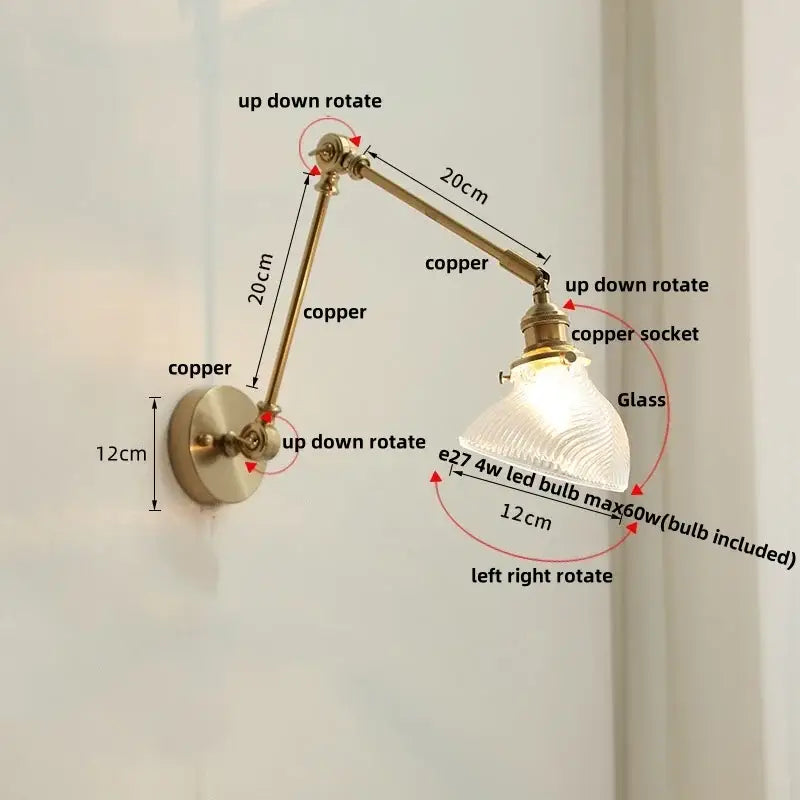 Modern rotatable brass wall light fixture with textured glass stair lamp