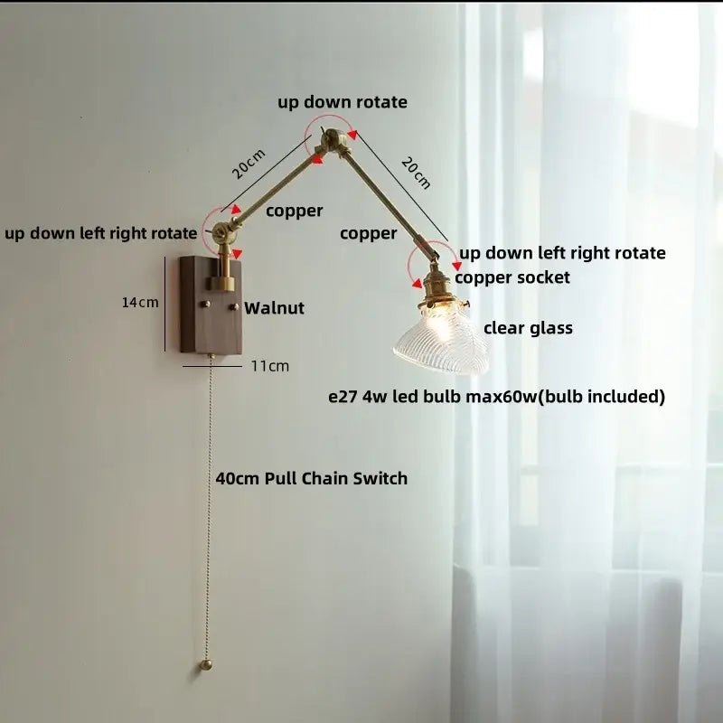 Modern rotatable brass wall light fixture with textured glass stair lamp