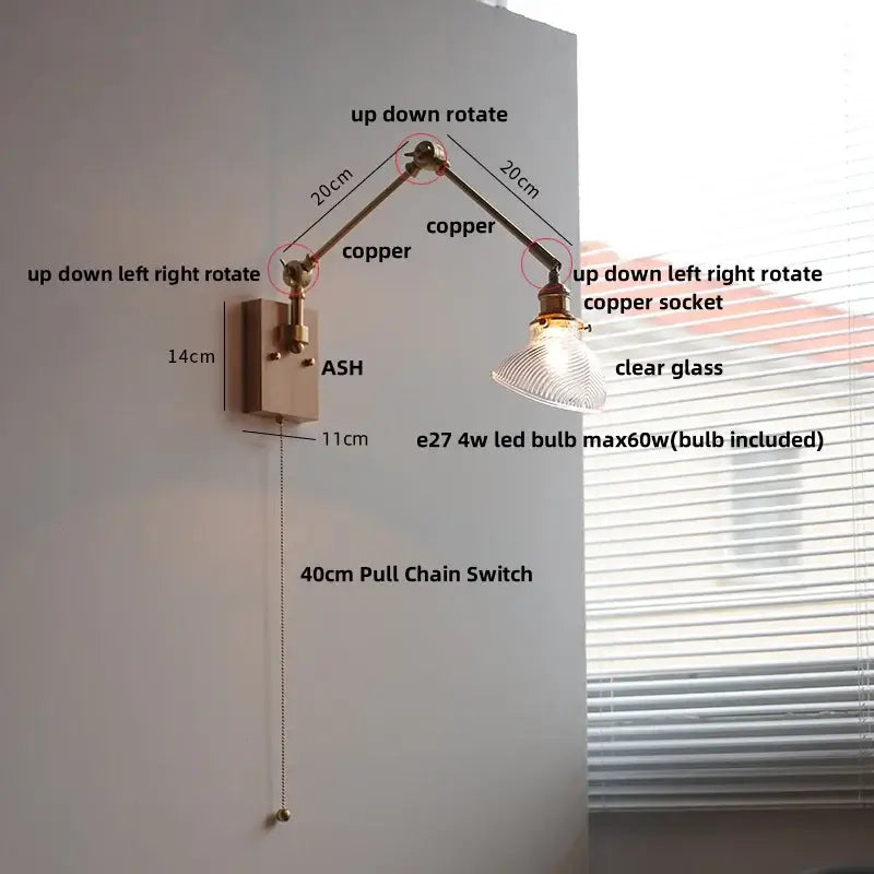 Modern rotatable brass wall light fixture with textured glass stair lamp