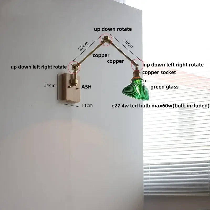 Modern rotatable brass wall light fixture with textured glass stair lamp