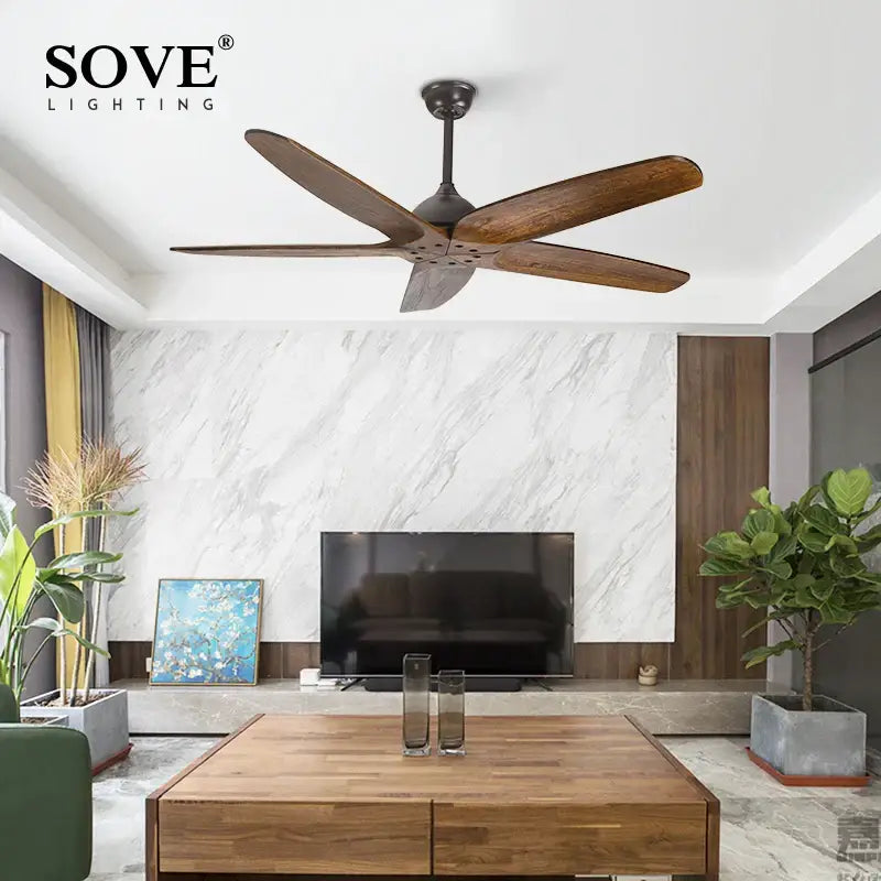 Modern rustic dark bronze 60 inch wooden blade ceiling fan living room