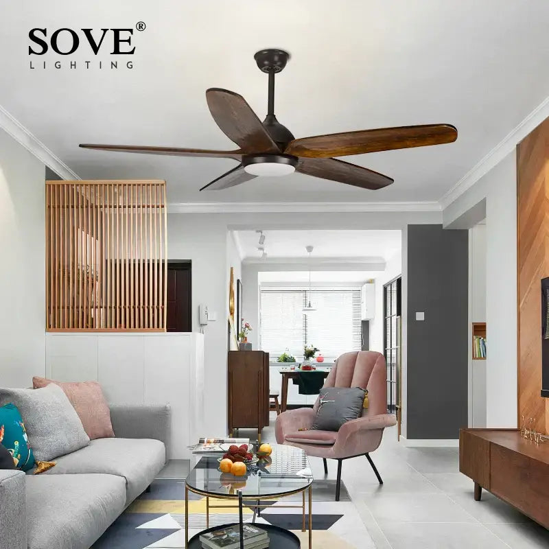 Modern rustic dark bronze 60 inch wooden blade ceiling fan living room
