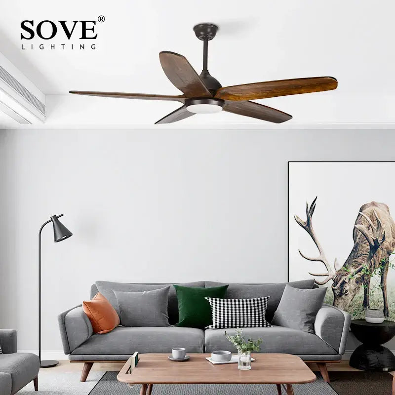 Modern rustic dark bronze 60 inch wooden blade ceiling fan living room