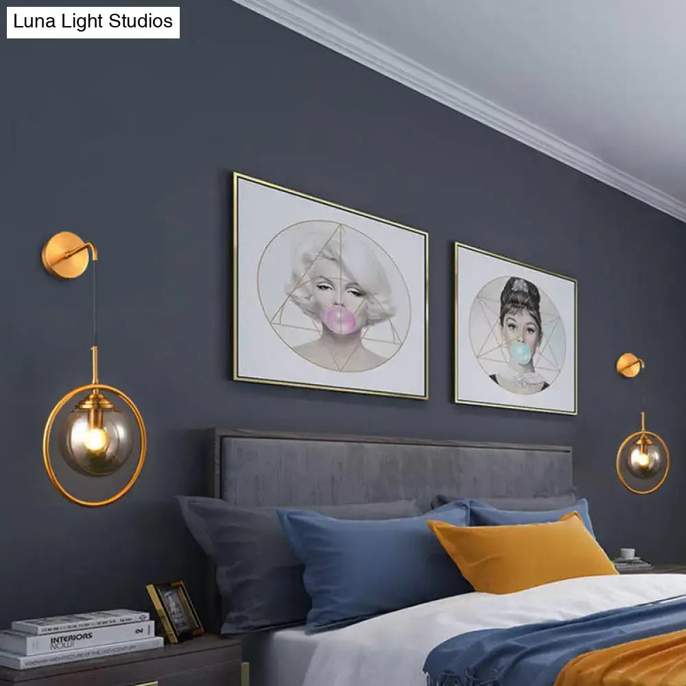 Modern smoke gray & clear glass globe sconce bedroom wall light