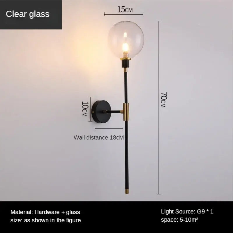 Modern smoked glass ball led wall light bedroom sconce